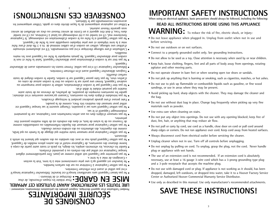 Consignes de sécurité import antes, Conserver ces instructions, Important safety instructions | Warning, Save these instructions, Read all instructions before using this appliance | Hoover C1631 User Manual | Page 3 / 12
