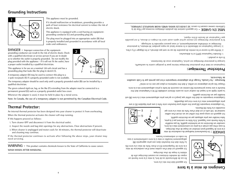 Consignes de mise à la terre, Protecteur thermique, Grounding instructions | Thermal protector, Dan ger, Mis e en g ard e, Danger, Warning | Hoover C1631 User Manual | Page 4 / 12