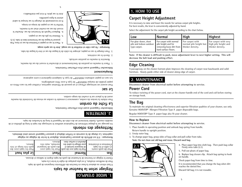 La fiche du cordon le sac nettoyage des rebords, Entretien, Réglage selon la hauteur du tapis 1. mode d’emploi | Power cord the bag edge cleaning, Maintenance, Carpet height adjustment 1. how to use, Bas normal haut le plus haut, Low normal high highest | Hoover C1631 User Manual | Page 5 / 12