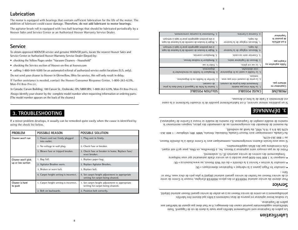 Dépannage, Lubrification, Service | Troubleshooting, Lubrication | Hoover C1631 User Manual | Page 8 / 12