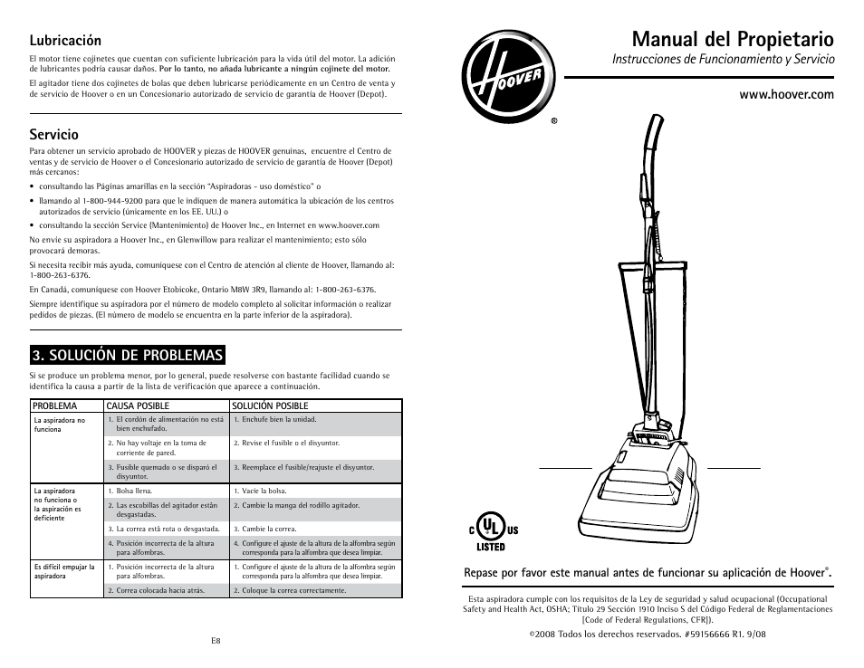 Manual del propietario, Solución de problemas, Lubricación | Servicio, Instrucciones de funcionamiento y servicio | Hoover C1631 User Manual | Page 9 / 12