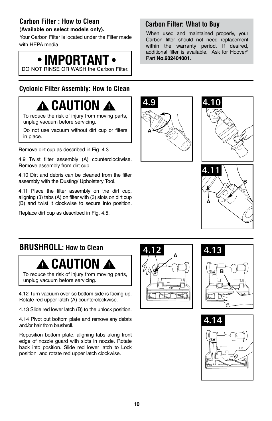 Important, Caution, Brushroll | Hoover WindTunnel UH70105 User Manual | Page 10 / 45