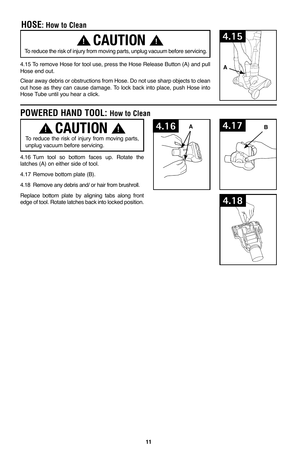 Caution, Powered hand tool, Hose | Hoover WindTunnel UH70105 User Manual | Page 11 / 45