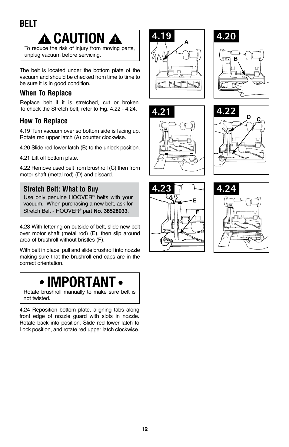 Caution, Important, Belt | Hoover WindTunnel UH70105 User Manual | Page 12 / 45