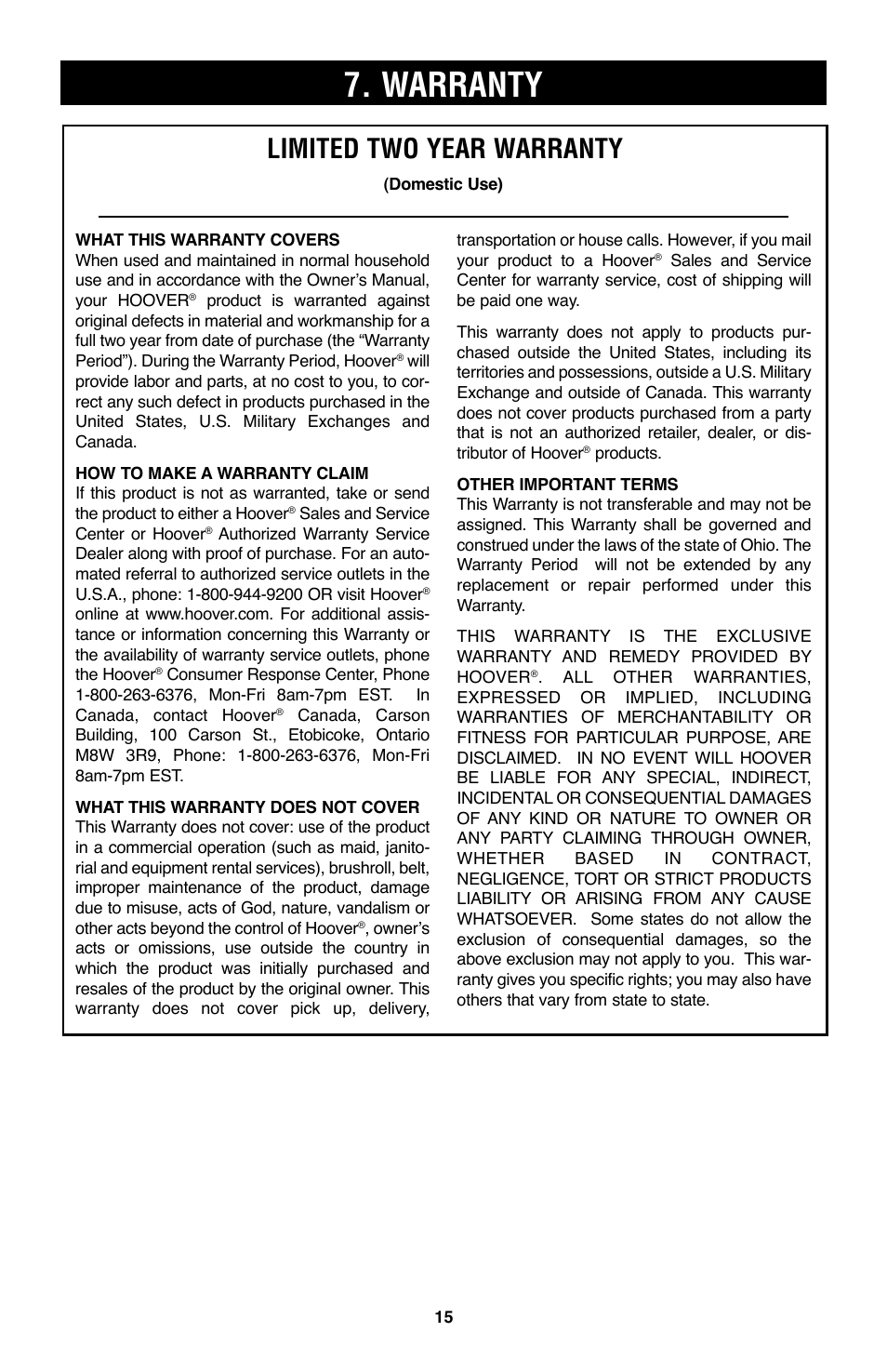 Warranty, Limited two year warranty | Hoover WindTunnel UH70105 User Manual | Page 15 / 45