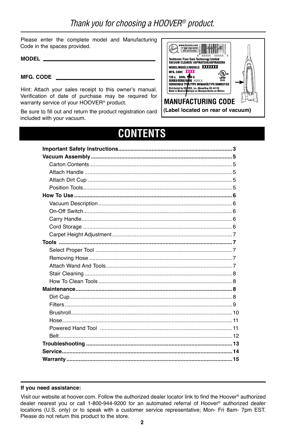 Hoover WindTunnel UH70105 User Manual | Page 2 / 45