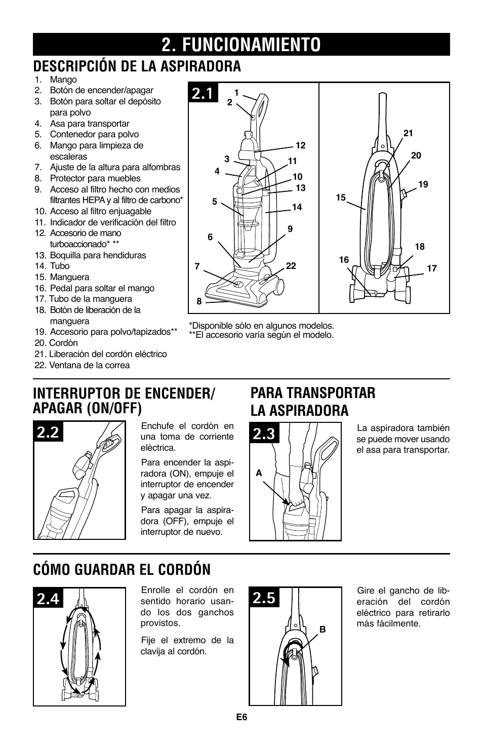 Funcionamiento, Para transportar la aspiradora, Descripción de la aspiradora | Interruptor de encender/ apagar (on/off), Cómo guardar el cordón | Hoover WindTunnel UH70105 User Manual | Page 21 / 45