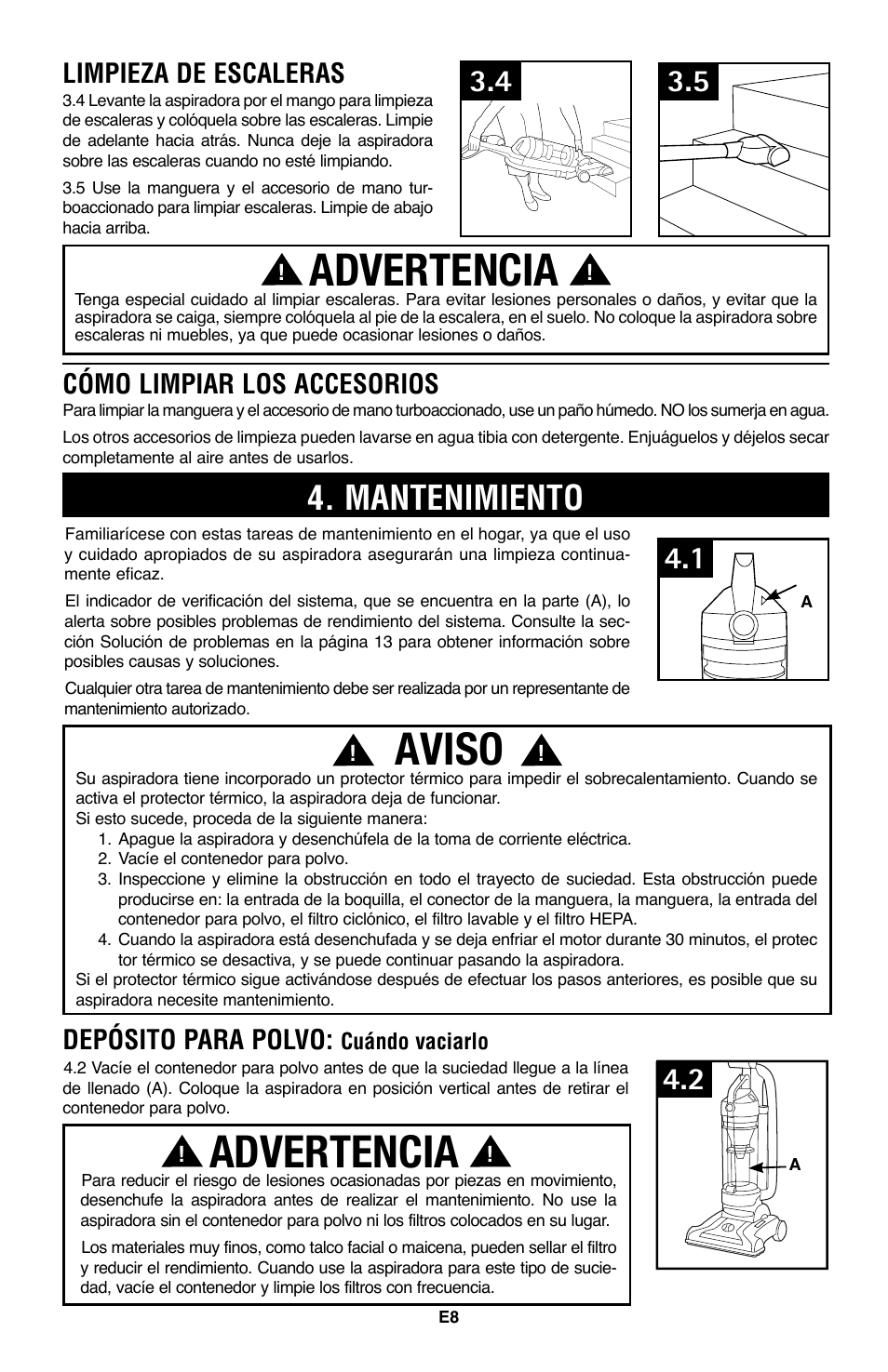 Aviso, Advertencia, Mantenimiento | Cómo limpiar los accesorios limpieza de escaleras, Depósito para polvo | Hoover WindTunnel UH70105 User Manual | Page 23 / 45