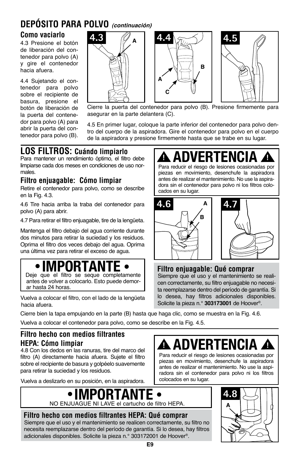 Importante, Importante advertencia, Advertencia | Depósito para polvo, Los filtros | Hoover WindTunnel UH70105 User Manual | Page 24 / 45
