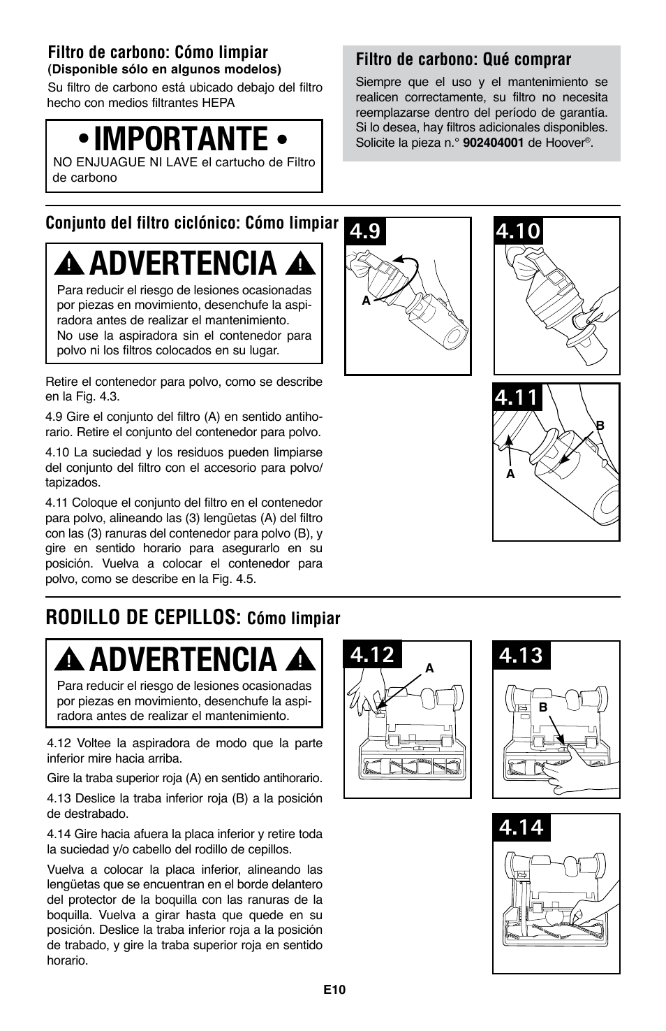 Importante advertencia, Advertencia, Rodillo de cepillos | Hoover WindTunnel UH70105 User Manual | Page 25 / 45