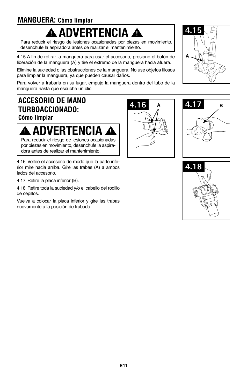 Advertencia, Accesorio de mano turboaccionado, Manguera | Hoover WindTunnel UH70105 User Manual | Page 26 / 45