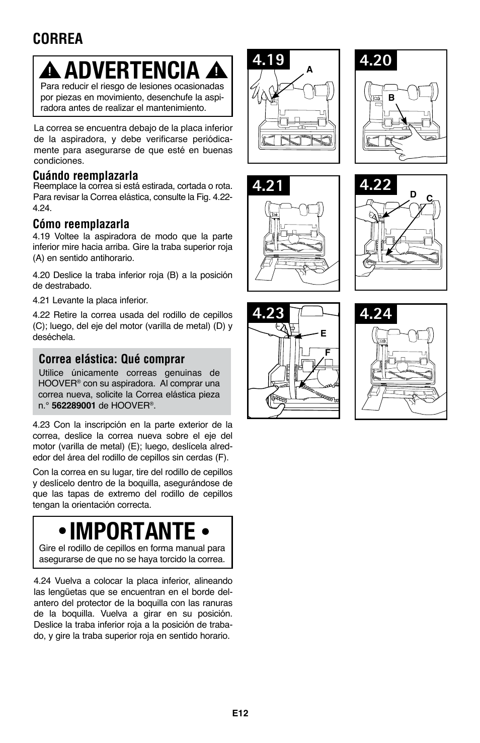 Advertencia, Importante, Correa | Hoover WindTunnel UH70105 User Manual | Page 27 / 45