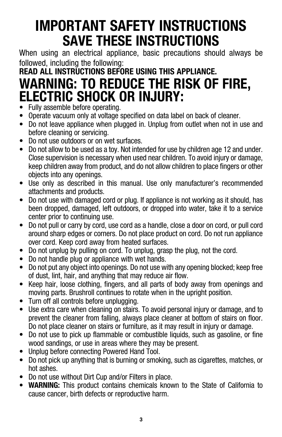 Important safety instructions, Save these instructions | Hoover WindTunnel UH70105 User Manual | Page 3 / 45