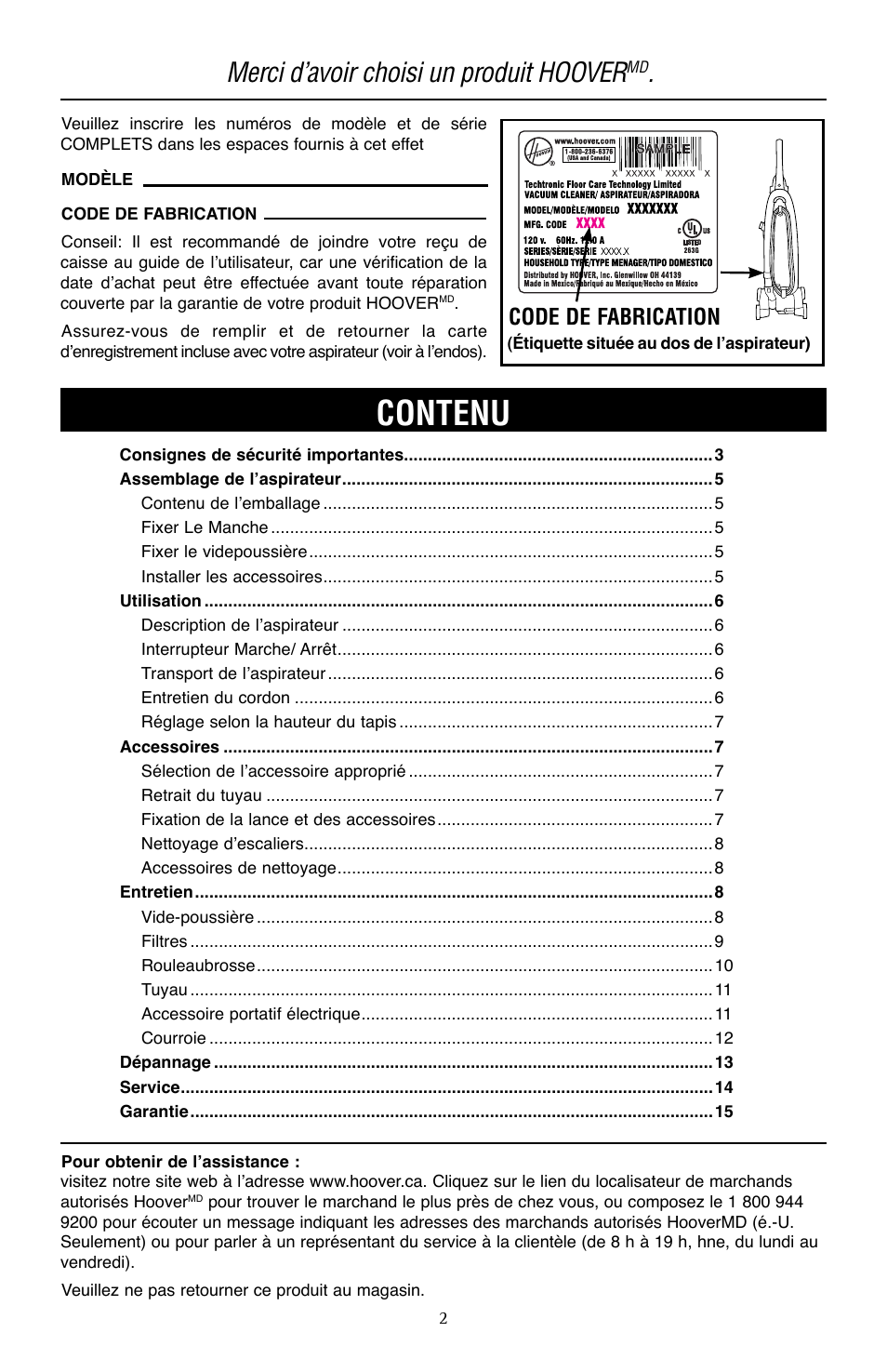Contenu, Merci d’avoir choisi un produit hoover, Code de fabrication | Hoover WindTunnel UH70105 User Manual | Page 32 / 45