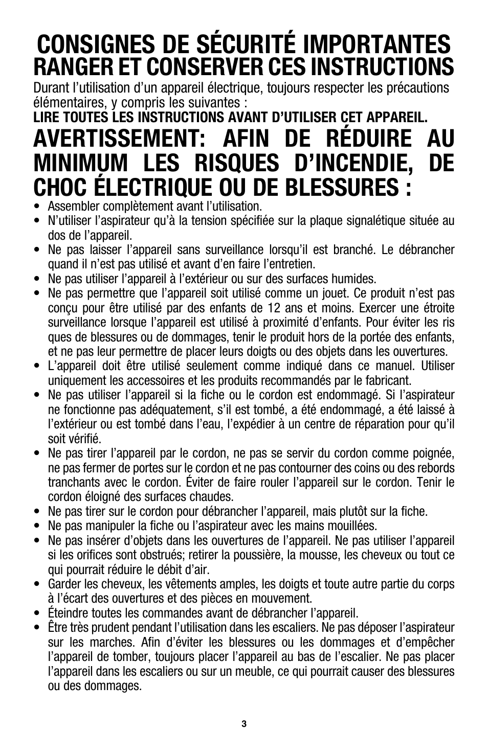 Consignes de sécurité importantes, Ranger et conserver ces instructions, Avertissement | Hoover WindTunnel UH70105 User Manual | Page 33 / 45