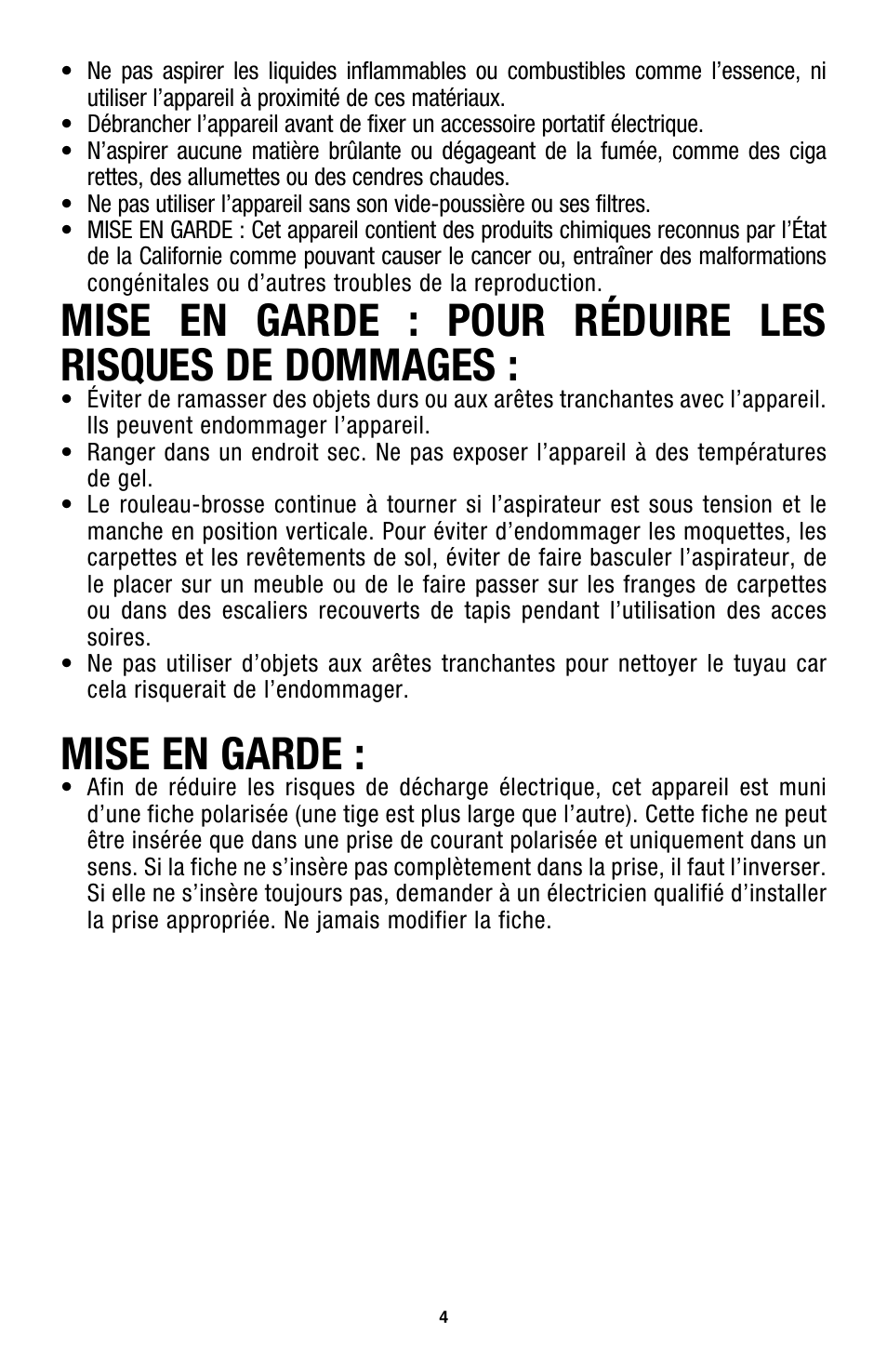 Mise en garde | Hoover WindTunnel UH70105 User Manual | Page 34 / 45