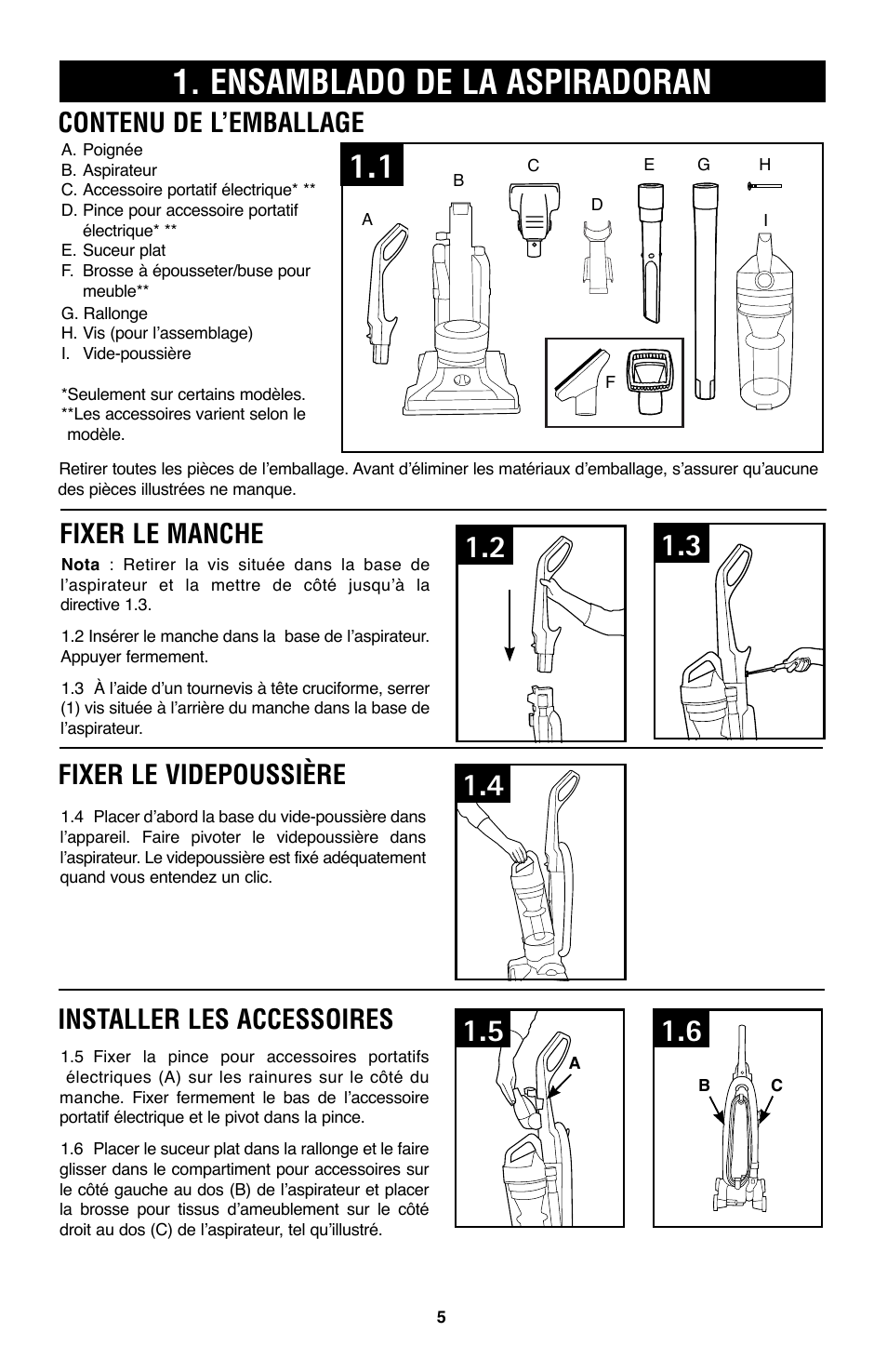 Ensamblado de la aspiradoran, Contenu de l’emballage, Fixer le manche installer les accessoires | Fixer le videpoussière | Hoover WindTunnel UH70105 User Manual | Page 35 / 45