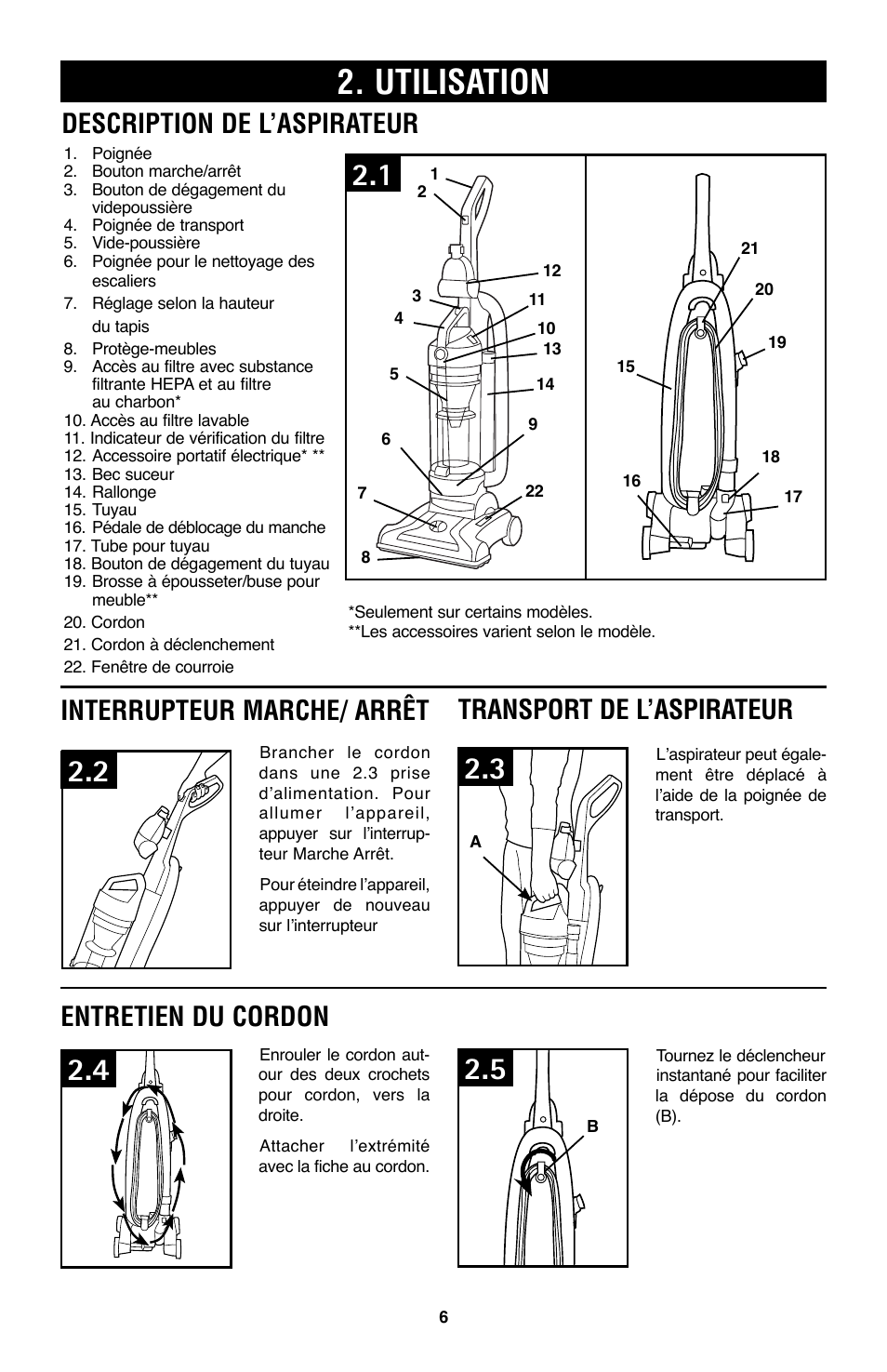 Utilisation, Transport de l’aspirateur, Interrupteur marche/ arrêt | Description de l’aspirateur, Entretien du cordon | Hoover WindTunnel UH70105 User Manual | Page 36 / 45