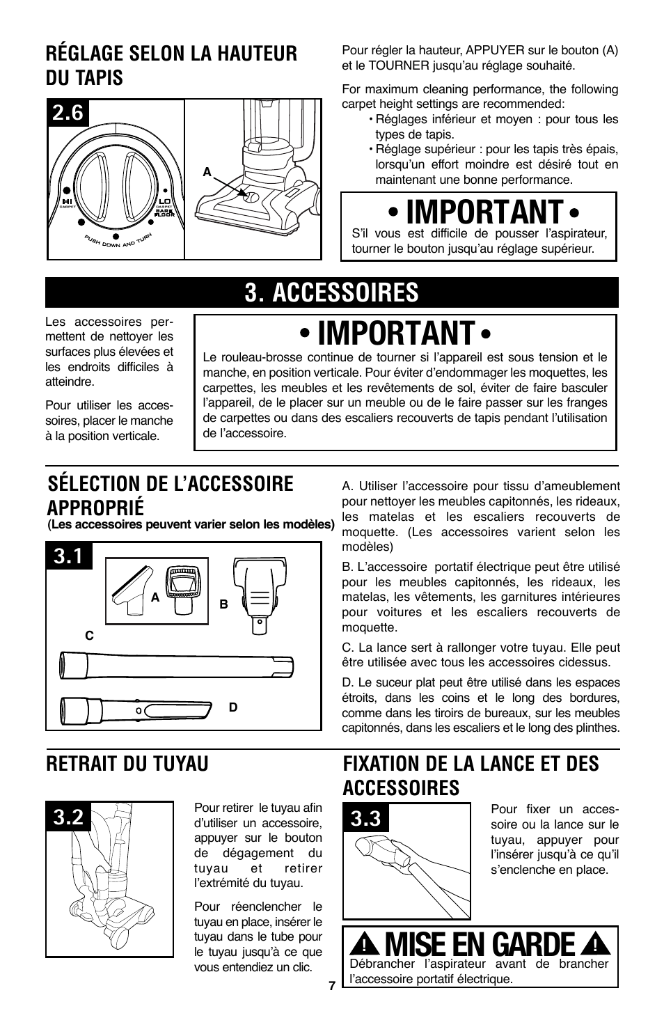 Important, Mise en garde, Accessoires | Réglage selon la hauteur du tapis, Sélection de l’accessoire approprié, Retrait du tuyau, Fixation de la lance et des accessoires | Hoover WindTunnel UH70105 User Manual | Page 37 / 45