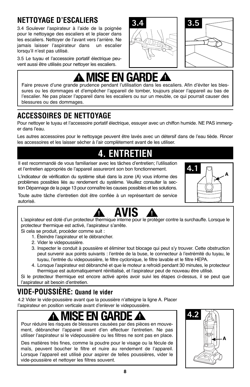 Mise en garde, Avis, Entretien | Nettoyage d’escaliers, Accessoires de nettoyage, Vide-poussière | Hoover WindTunnel UH70105 User Manual | Page 38 / 45