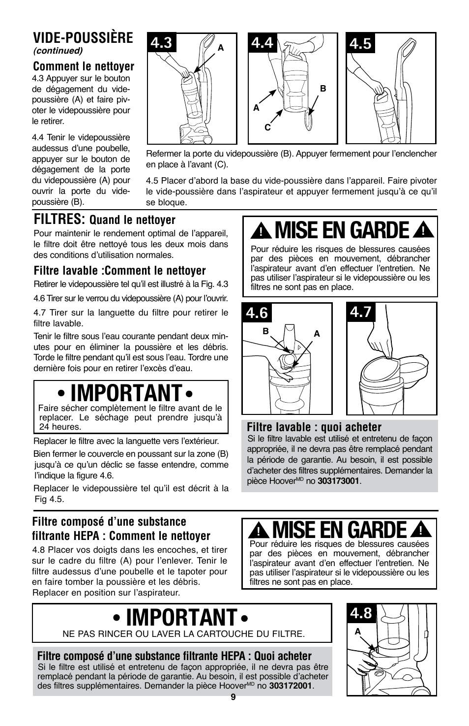 Important, Mise en garde, Vide-poussière | Filtres | Hoover WindTunnel UH70105 User Manual | Page 39 / 45