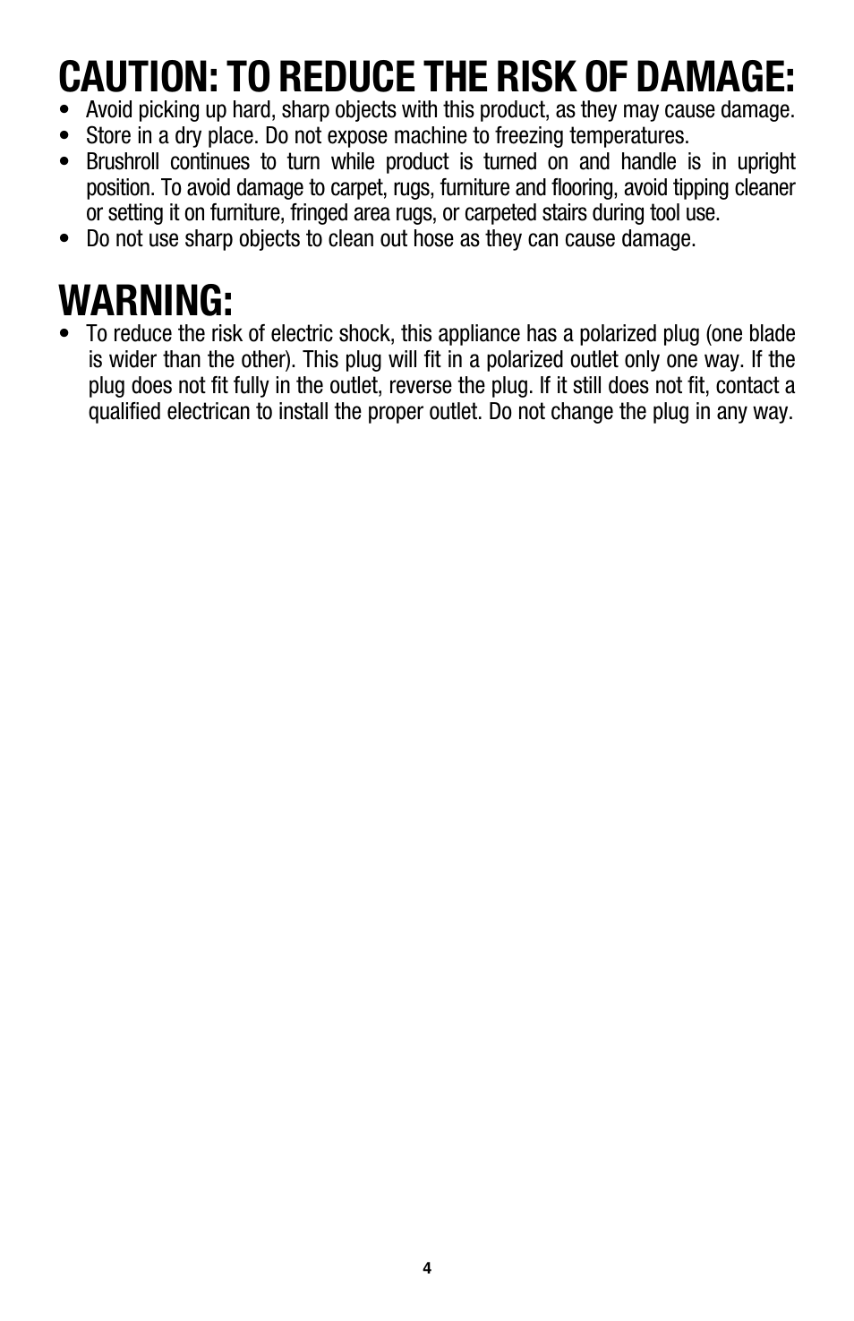 Caution: to reduce the risk of damage, Warning | Hoover WindTunnel UH70105 User Manual | Page 4 / 45