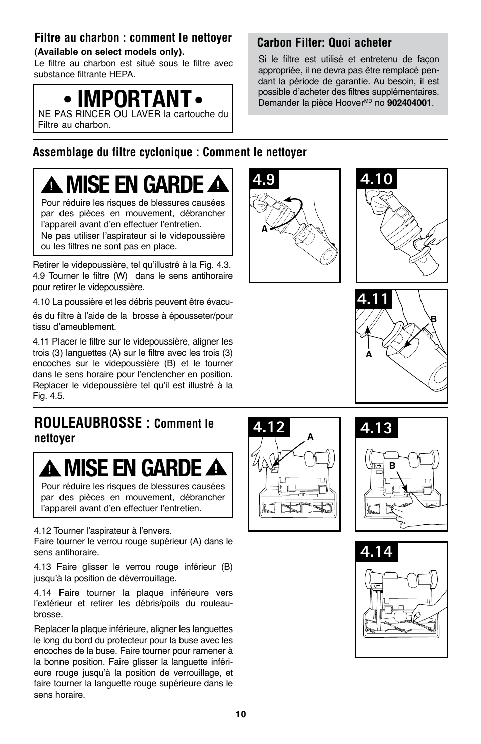 Mise en garde, Important, Rouleaubrosse | Hoover WindTunnel UH70105 User Manual | Page 40 / 45
