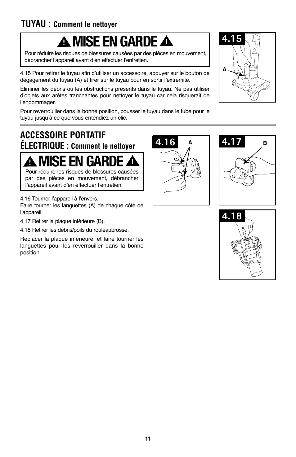 Mise en garde, Accessoire portatif électrique, Tuyau | Hoover WindTunnel UH70105 User Manual | Page 41 / 45