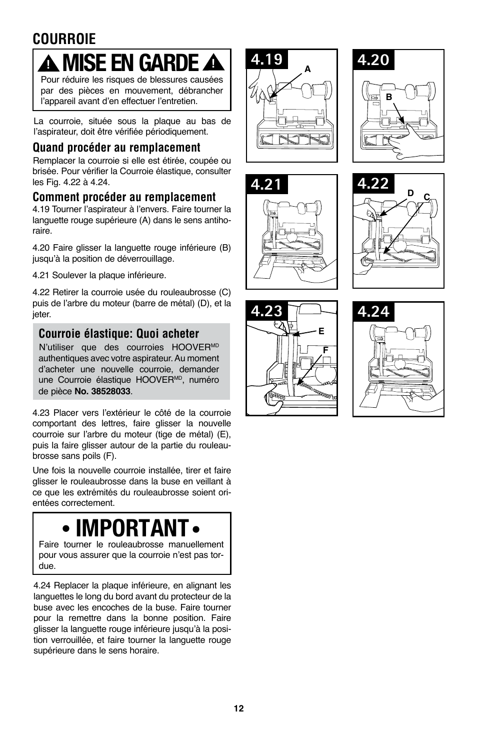 Mise en garde, Important, Courroie | Hoover WindTunnel UH70105 User Manual | Page 42 / 45