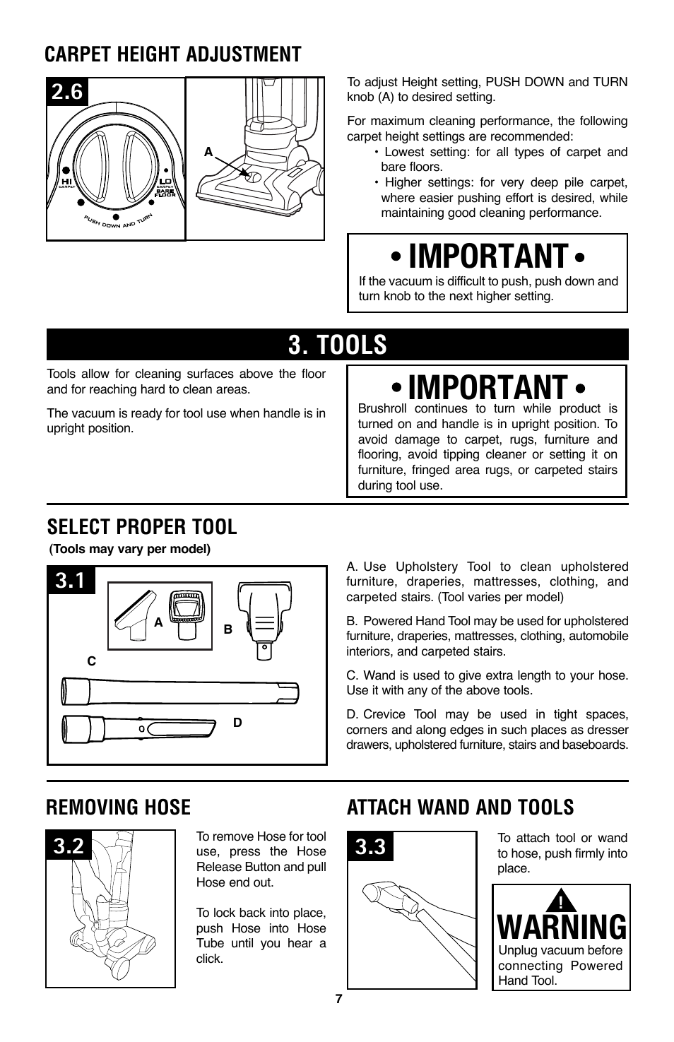 Important, Warning, Tools | Select proper tool, Removing hose, Attach wand and tools, Carpet height adjustment | Hoover WindTunnel UH70105 User Manual | Page 7 / 45