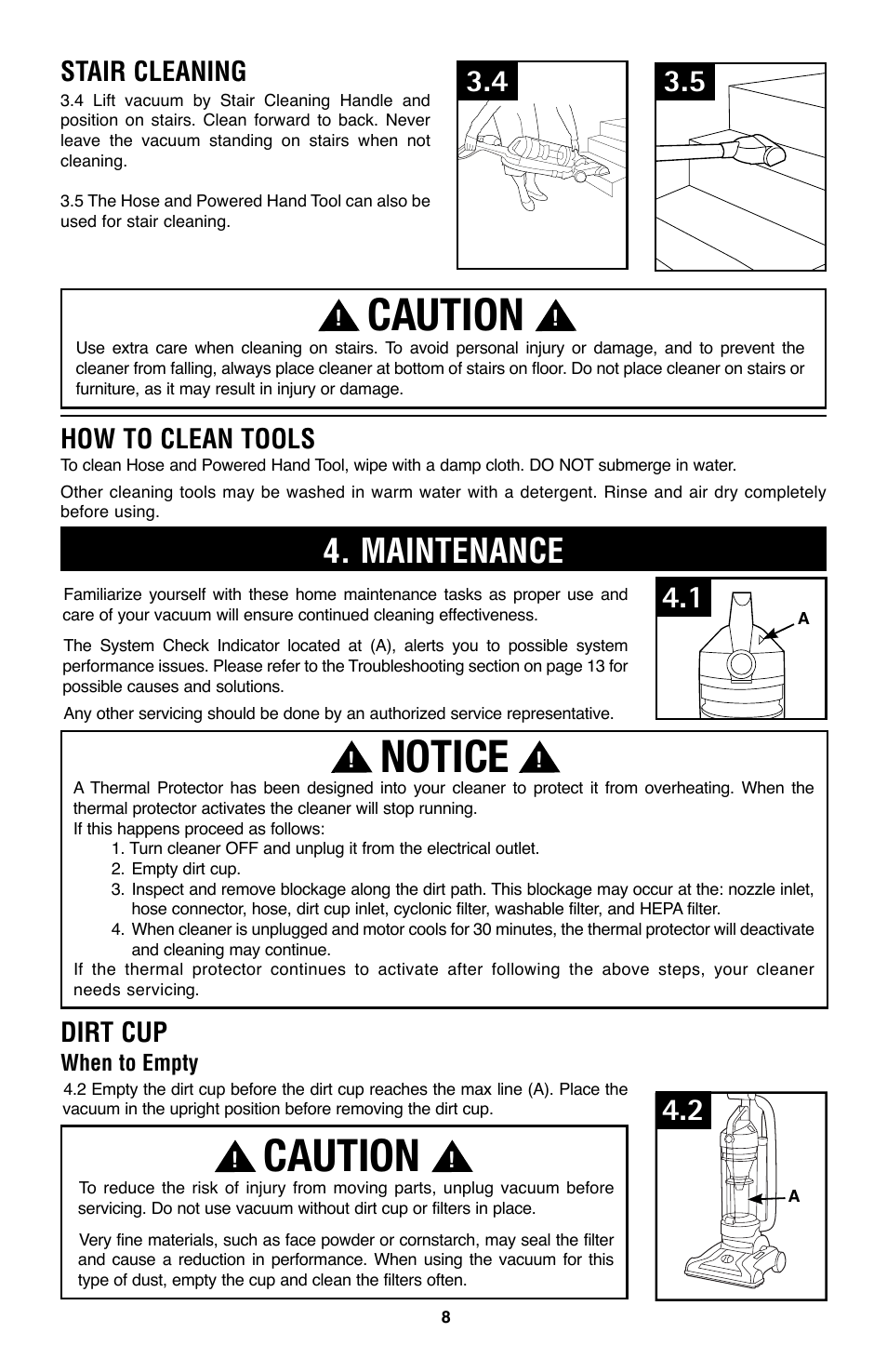 Notice, Caution, Maintenance | How to clean tools, Stair cleaning, Dirt cup | Hoover WindTunnel UH70105 User Manual | Page 8 / 45