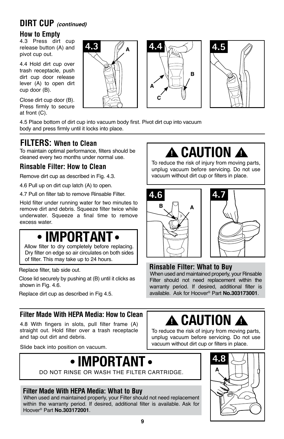 Caution, Important, Dirt cup | Filters | Hoover WindTunnel UH70105 User Manual | Page 9 / 45
