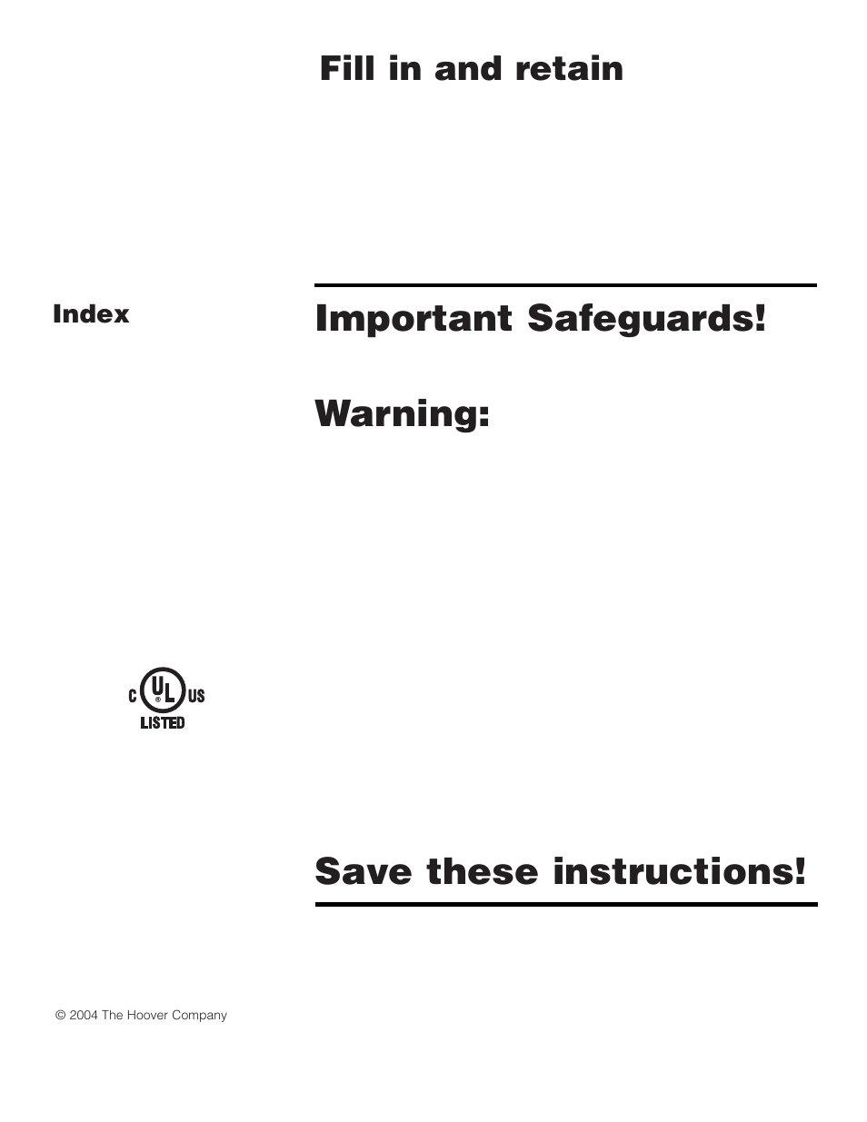 Important safeguards, Warning, Save these instructions | Fill in and retain, Index | Hoover HandVac User Manual | Page 2 / 8
