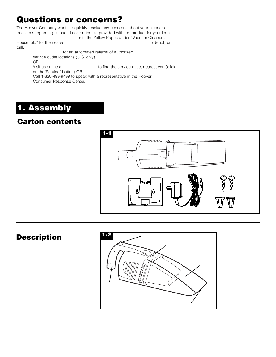 Assembly questions or concerns, Description, Carton contents | Hoover HandVac User Manual | Page 3 / 8