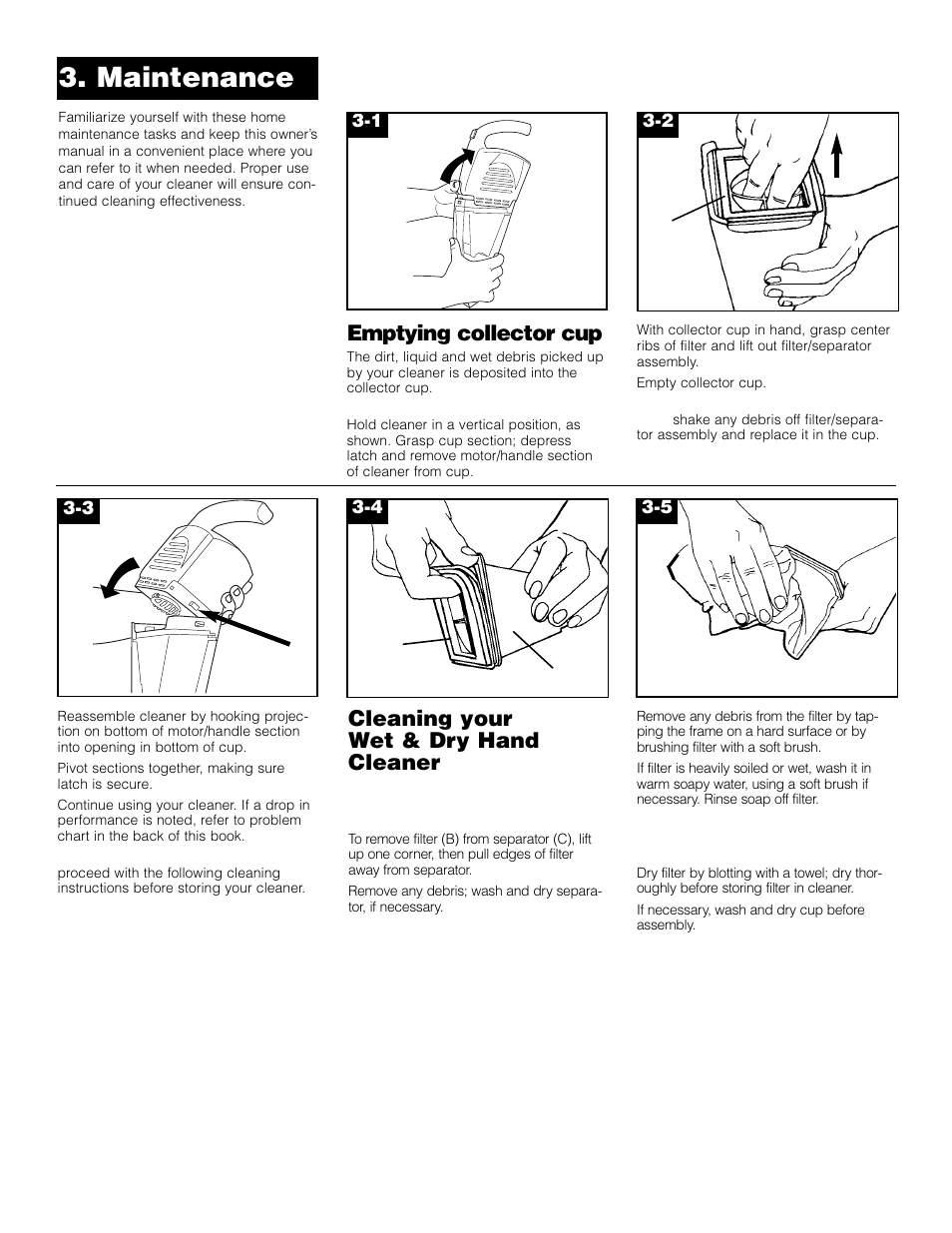 Maintenance, Emptying collector cup, Cleaning your wet & dry hand cleaner | Hoover HandVac User Manual | Page 6 / 8