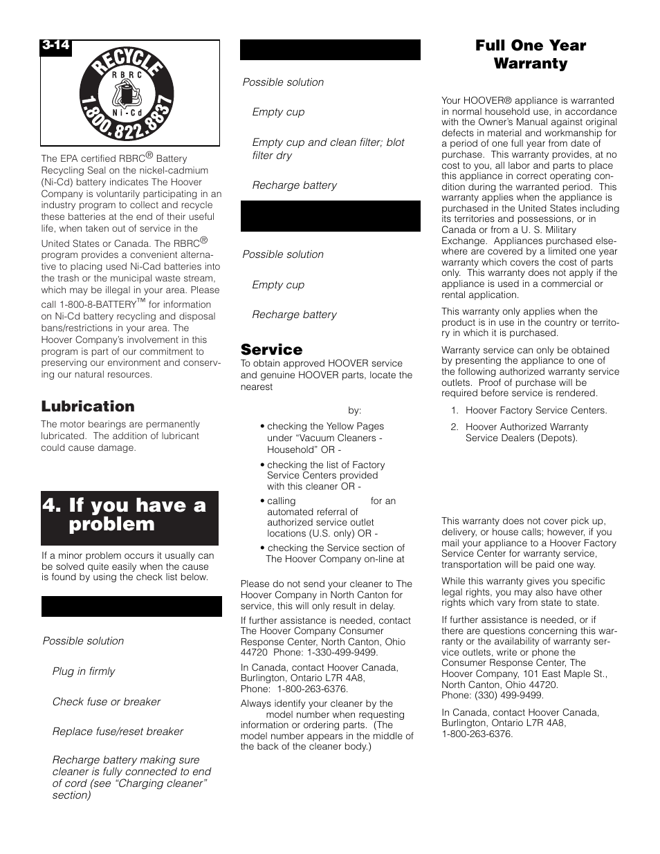 If you have a problem, Lubrication, Service | Full one year warranty (domestic use) | Hoover HandVac User Manual | Page 8 / 8