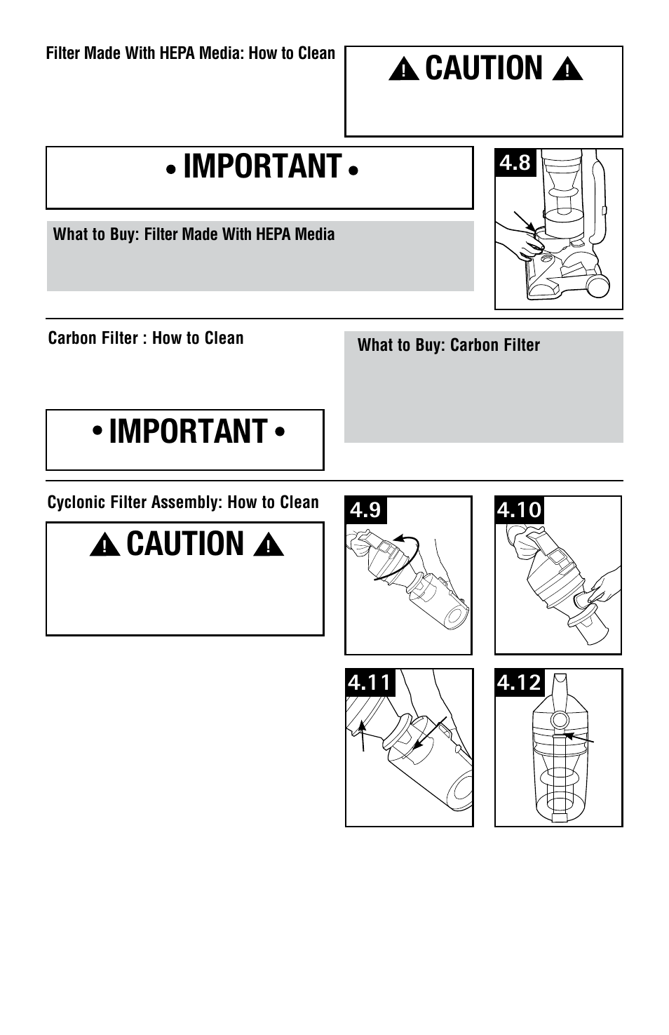 Caution, Important | Hoover Vacuum Cleaner User Manual | Page 10 / 48