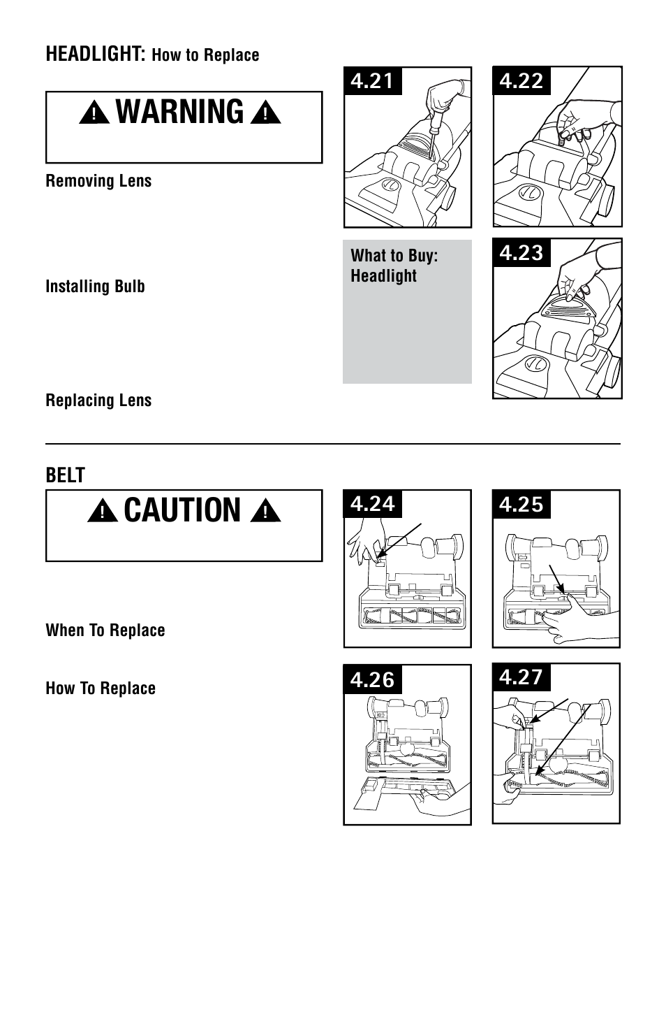 Warning, Caution, Headlight | Belt | Hoover Vacuum Cleaner User Manual | Page 12 / 48