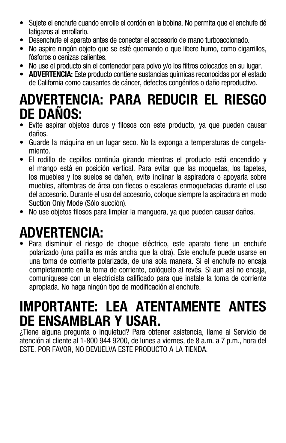 Advertencia: para reducir el riesgo de daños, Advertencia | Hoover Vacuum Cleaner User Manual | Page 20 / 48