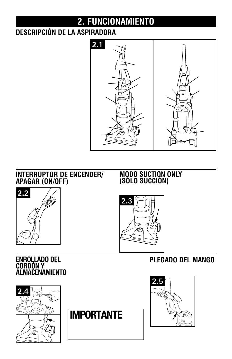 Importante, Funcionamiento, Descripción de la aspiradora | Hoover Vacuum Cleaner User Manual | Page 22 / 48