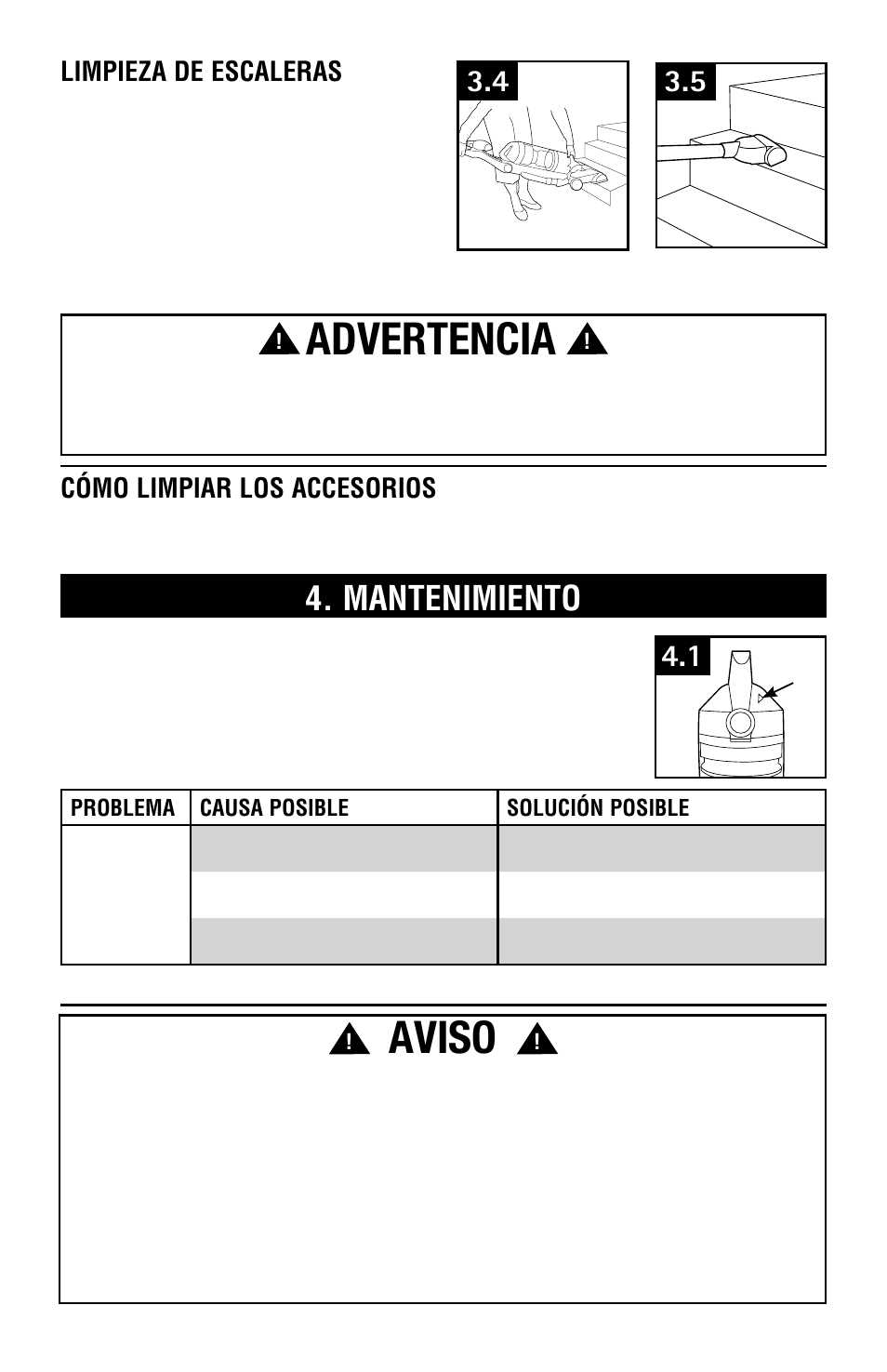 Aviso, Advertencia, Mantenimiento | Cómo limpiar los accesorios, Limpieza de escaleras | Hoover Vacuum Cleaner User Manual | Page 24 / 48