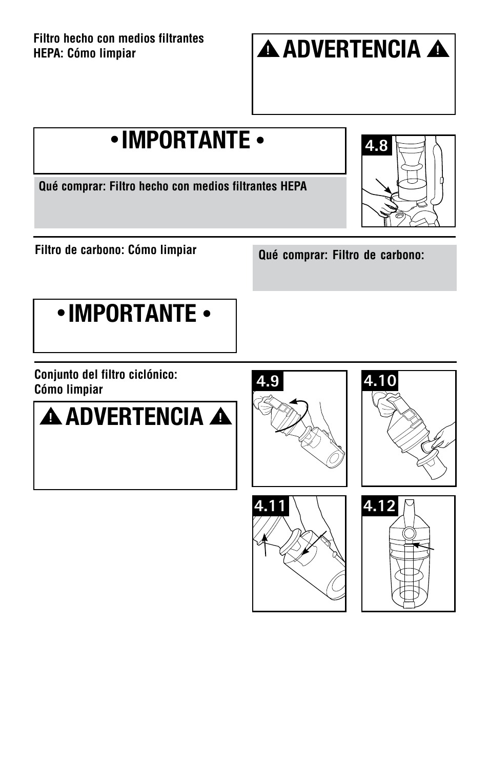 Advertencia, Importante, Importante advertencia | Hoover Vacuum Cleaner User Manual | Page 26 / 48