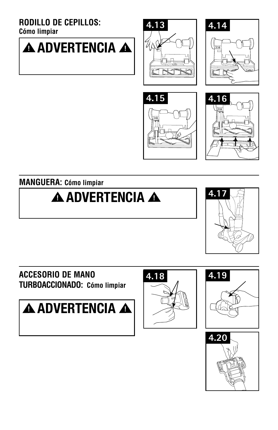 Advertencia, Plegado del mango, Accesorio de mano turboaccionado | Manguera, Rodillo de cepillos | Hoover Vacuum Cleaner User Manual | Page 27 / 48