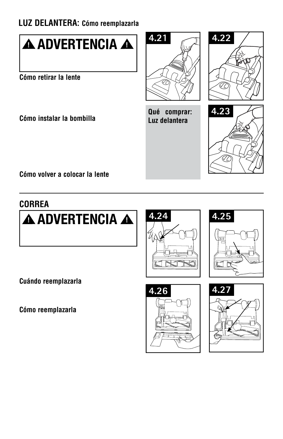 Advertencia, Correa, Luz delantera | Hoover Vacuum Cleaner User Manual | Page 28 / 48