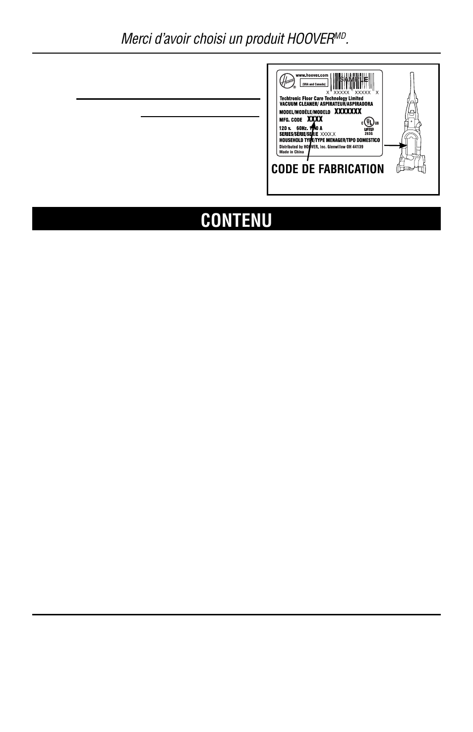 Contenu, Merci d’avoir choisi un produit hoover, Code de fabrication | Hoover Vacuum Cleaner User Manual | Page 34 / 48