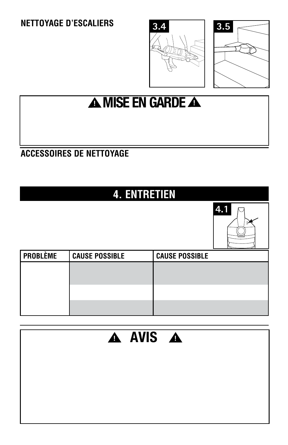 Avis, Mise en garde, Entretien | Accessoires de nettoyage, Nettoyage d’escaliers | Hoover Vacuum Cleaner User Manual | Page 40 / 48