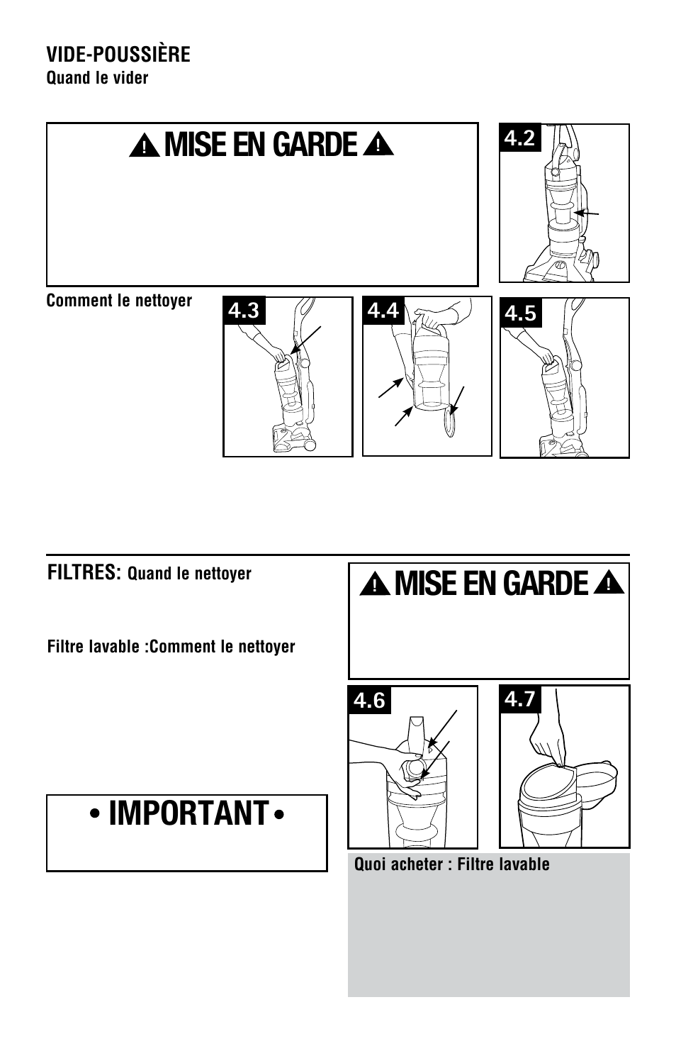 Mise en garde, Important, Filtres | Vide-poussière | Hoover Vacuum Cleaner User Manual | Page 41 / 48