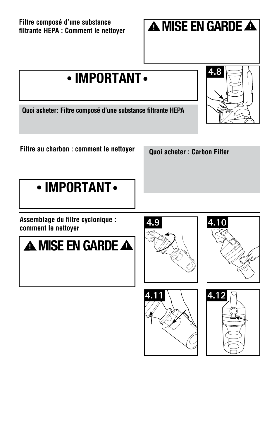 Mise en garde, Important | Hoover Vacuum Cleaner User Manual | Page 42 / 48