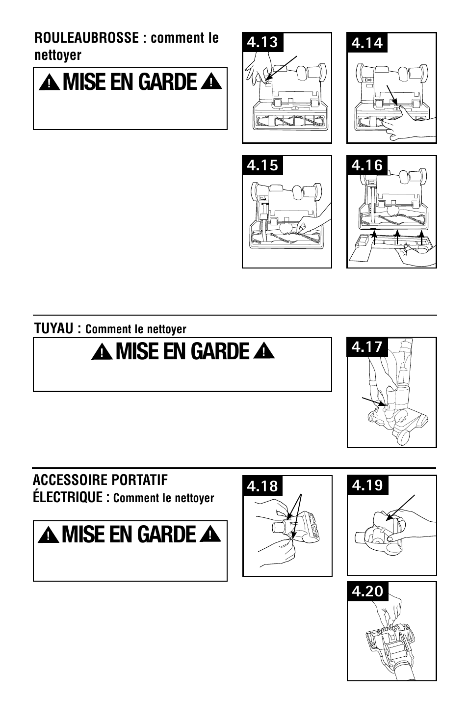 Mise en garde, Accessoire portatif électrique, Tuyau | Rouleaubrosse : comment le nettoyer | Hoover Vacuum Cleaner User Manual | Page 43 / 48