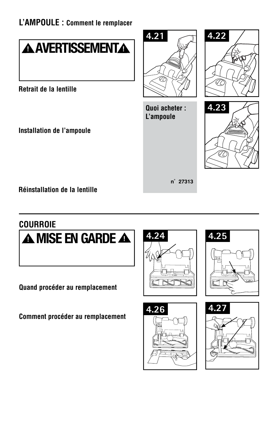 Mise en garde, Avertissement, Courroie | L’ampoule | Hoover Vacuum Cleaner User Manual | Page 44 / 48